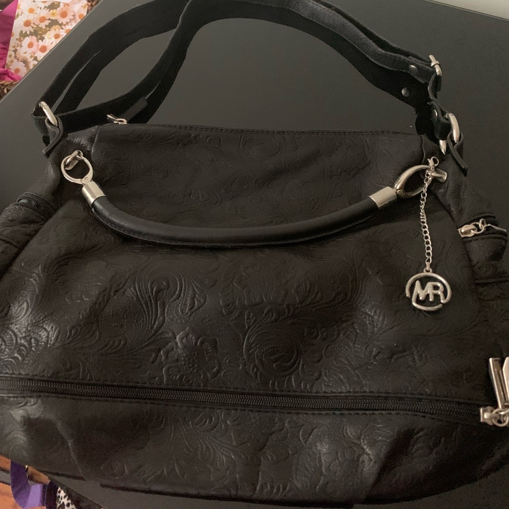 Roberta M  Designer  Italy Genuine Black Leather with Paisley Pattern Bag
